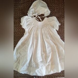 Petit Ami Hand Embroidered Special Occasion Smock Dress with Bonnet